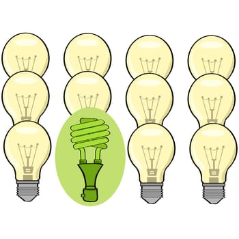 Concept illustration showing a green fluorescent lamp standing out among regular incandescent ones