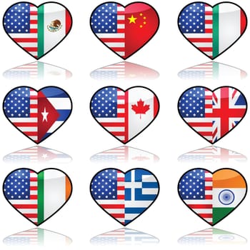 Icon collection showing the flag of the United States in a divided heart sharing it with other nationalities that have a significant number of immigrants in the country