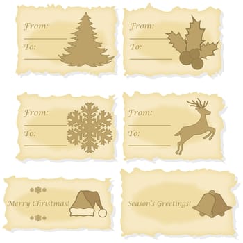 Set of six different Christmas and gift cards printed on old parchment paper