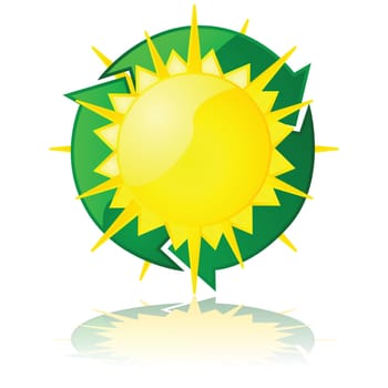 Glossy illustration showing a sun with a recycling sign around it, for renewable solar power