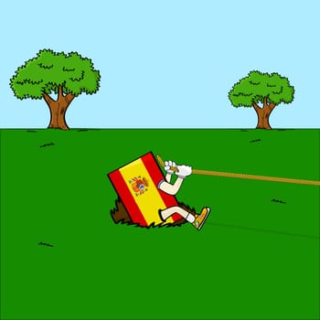 Concept illustration showing a flag of Spain with arms and legs holding on to a rope trying to get out of a hole