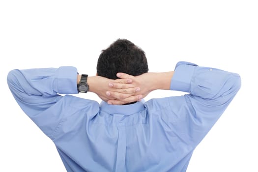 Closeup portrait of young businessman from the back. Sitting with opened arms on his armchair. Isolated over white background