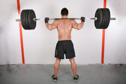 arms and back of a young muscular man working out with a bar