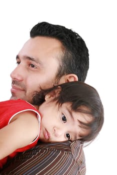 beautiful little girl hugging embracing her father.  Focus in the little girl.