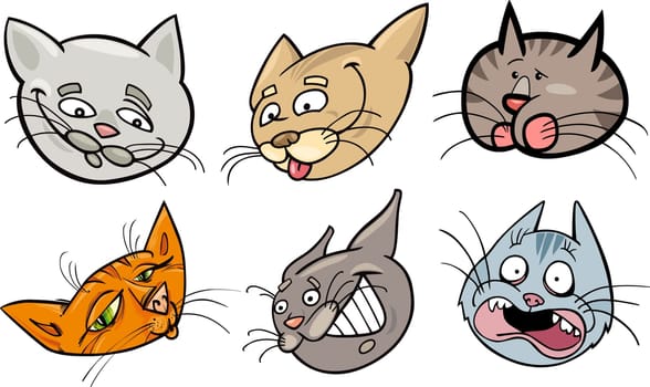 Cartoon Illustration of Different Happy Cats ot Kittens Heads Collection Set