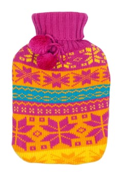 rubber hot water bottle in a knitted cover color on a white background