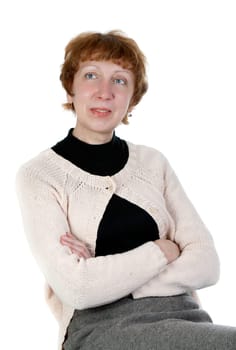 Portrait of middle-aged woman in the studio on a white background