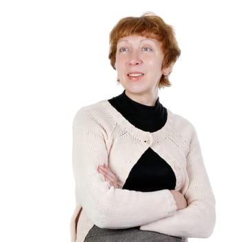 Portrait of middle-aged woman in the studio on a white background