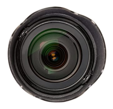Black lens with a hood isolated on white background