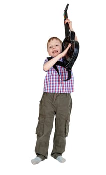 The boy with the electronic guitar isolated on white background