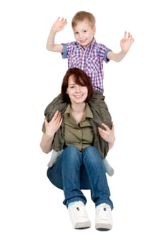 Mom and her young son playing on a white background
