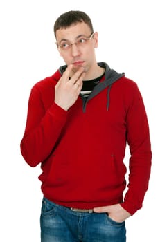 Portrait of a pensive man isolated on white background