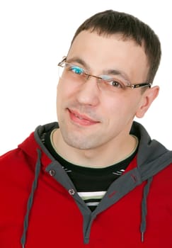 Portrait of a guy with glasses in a red dress on white background