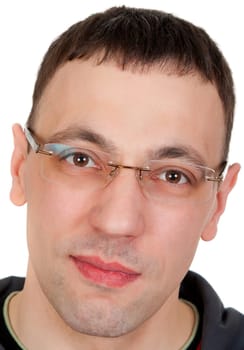 ortrait of a guy in glasses close up