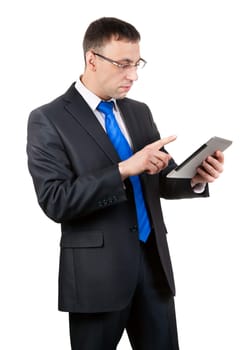 Businessman with tablet computer isolated on white background