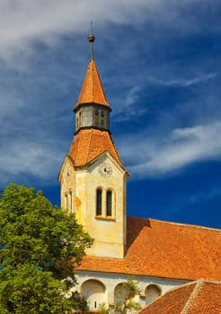 Belfry of Bunesti fortified church in Transylvania, Romania. It is a UNESCO World Heritage site.