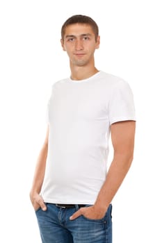 portrait of a handsome man in a white dress in the studio