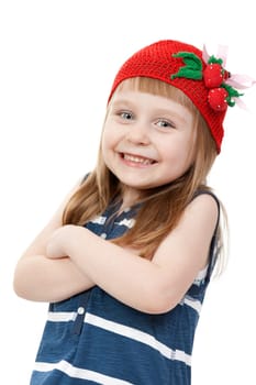 The little girl put her hands on his chest and smiles. Isolate on white