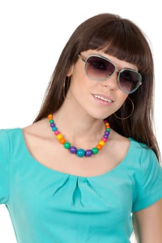 beautiful and fashion girl in sunglasses, close-up portrait, studio shot, isolate on white