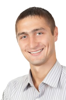 Portrait of handsome young man isolated on white background. Caucasian man smiling.