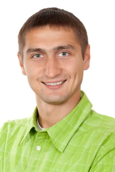 Portrait of a handsome man 25 years of close-up in a green shirt, isolate on white