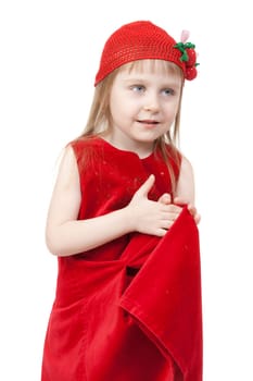 The little girl in a red hat with strawberries isolated on white background
