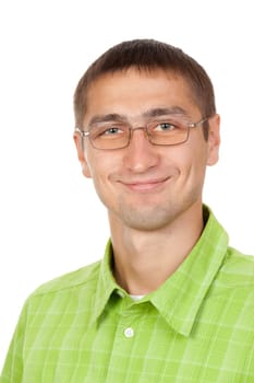 Caucasian man with glasses portrait of a close-up in the studio. Isolate on white.