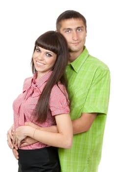 Loving couple hugging in the studio on a white background