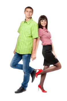 Portrait of a couple in colored plaid dress. Isolate on white background
