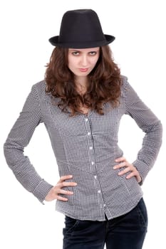 brutal beautiful girl in a black felt hat, isolate on white