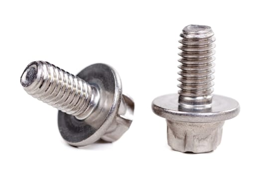 two steel bolts closeup on white background
