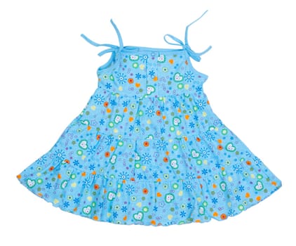 colored blue children's summer dress on a white background