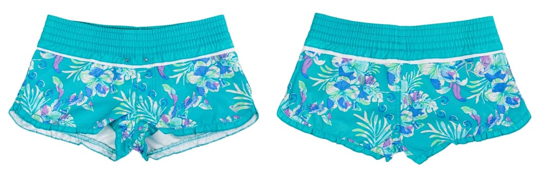 collage of women's beach shorts with blue pattern isolated on white background