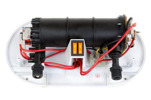 Electric water heater with the casing removed for survey isolate on white