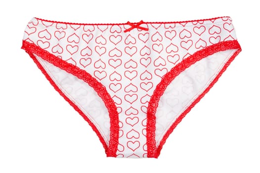 Bright women's panties with red heart motif. Isolate on white
