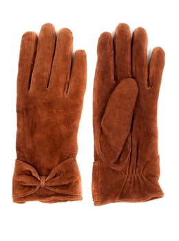 A pair of brown leather gloves on a white background