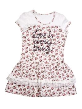 Womens summer dress with floral pattern and the words Love is every thing. Isolate on white