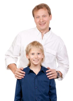 Portrait of father and son in the studio, isolate on white