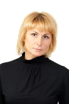 Portrait of a serious beautiful girl dressed in black, isolate on white