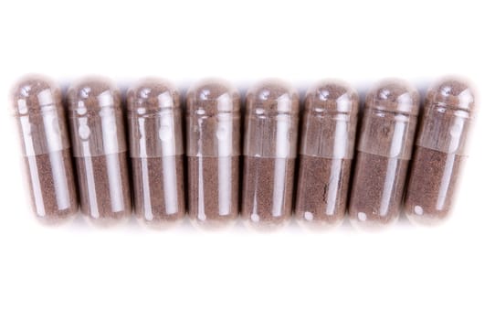 Pills closeup isolated on white background