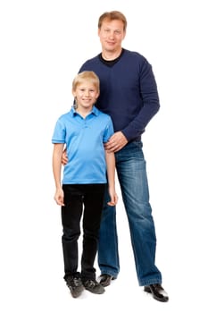Dad and son are in the studio on a white background