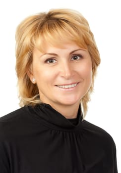 Portrait of a smiling beautiful girl dressed in black, isolate on white