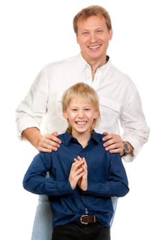 Portrait of father and son in the studio, isolate on white