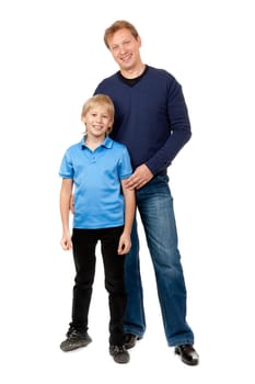 Dad and son are in the studio on a white background