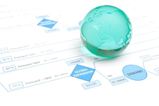 Global expansion decision tree and globe made from glass.