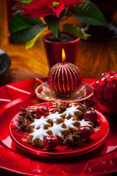 Homemade gingerbread star cookies for Christmas on the plate