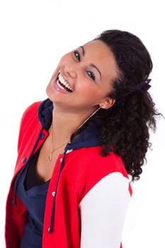 Young African American teenage girl laughing, isolated on white background