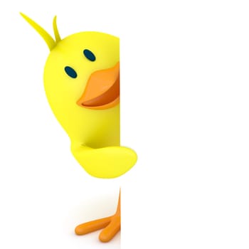 Little chick with empty board - 3D render