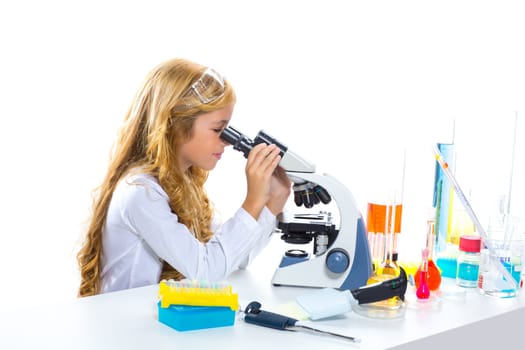 Children student girl in kid chemical laboratory at school on white