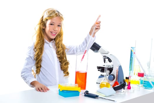 Children student girl in kid chemical laboratory at school on white